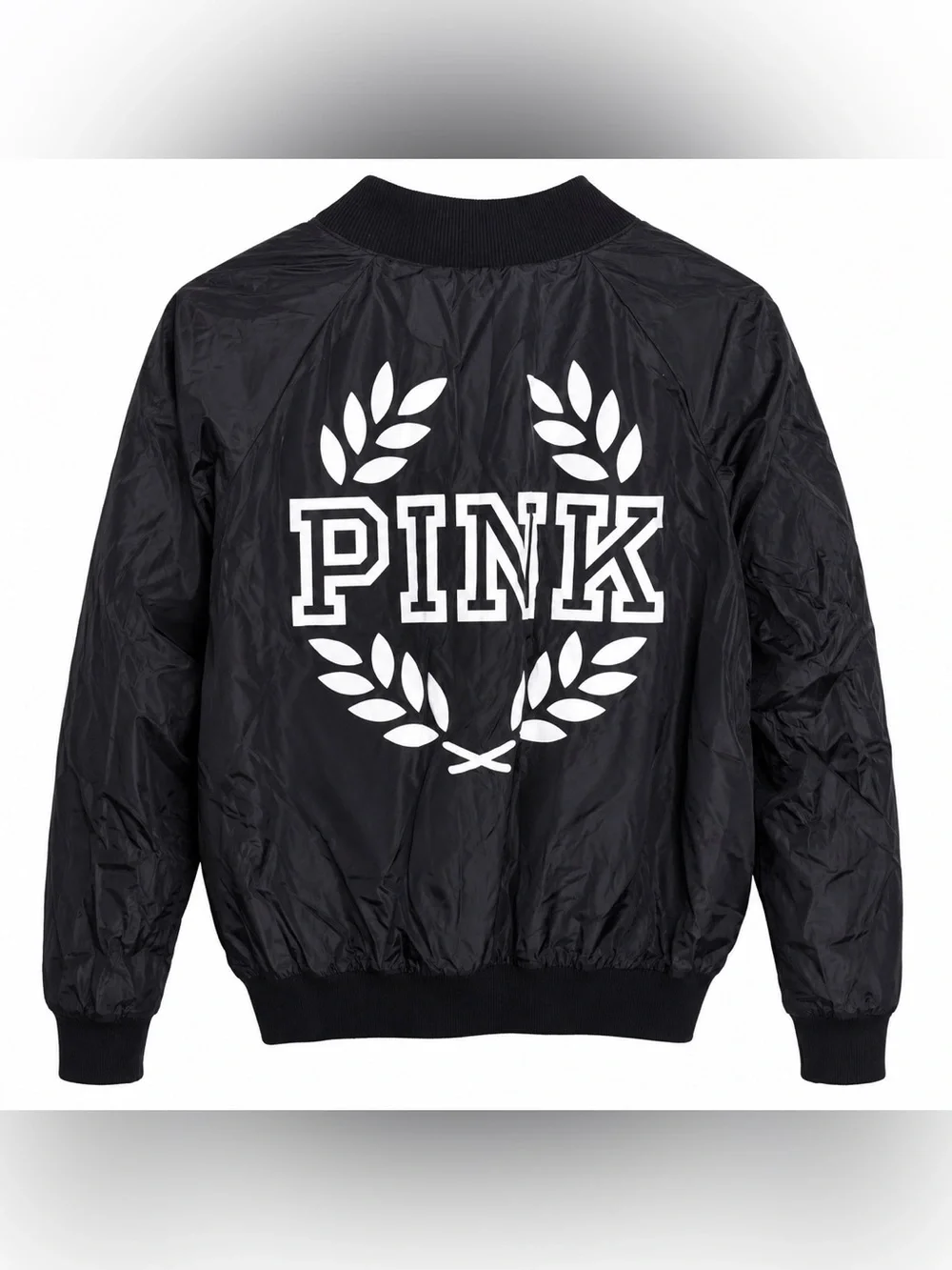 PINK Victoria’s Secret Black Bomber Jacket Large Y2K Spell Out Logo - Picture 2 of 4
